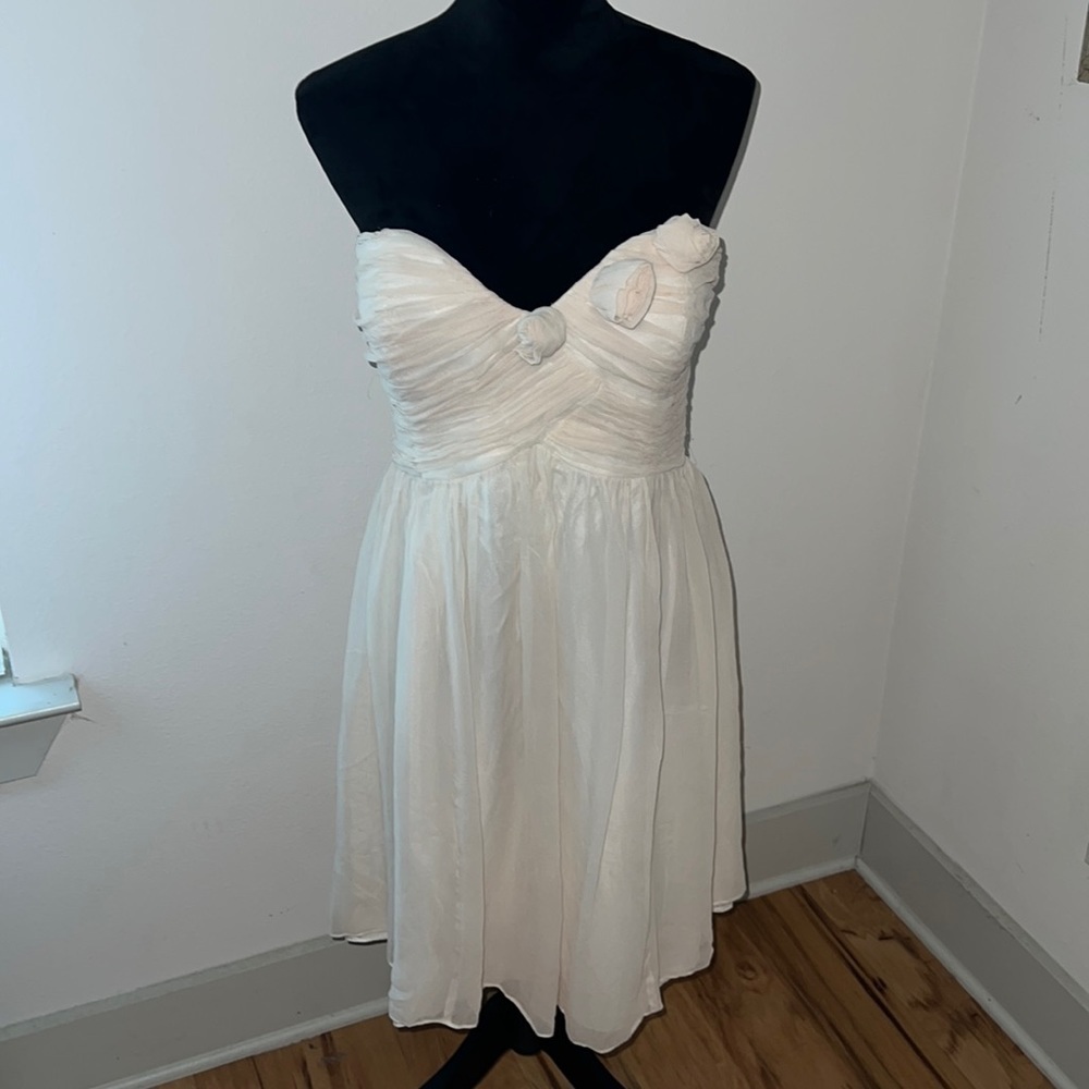Donna Morgan champagne cream 100% silk strapless sweetheart cleavage Sz 14